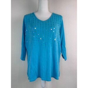 Quacker Factory women's large light blue v-neck‎ 3/4 sleeve sequin shimmer top
